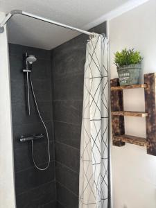 eine Dusche mit Duschvorhang im Bad in der Unterkunft Mountain&View in Super Besse + 16 Fotos