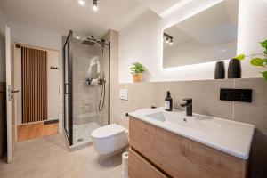 a bathroom with a sink and a shower and a toilet at LudwigsCozyEscape - Historisches Altstadt-Apartment mit Sichtbalken am Residenzschloss, 6 Gäste, SmartTV in jedem Zimmer, Highspeed WLAN, Workspace, 24h Self Check-in, Parkhaus 2 Min Gehweite in Ludwigsburg +12 photos