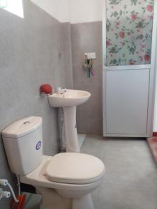 a bathroom with a white toilet and a sink at Serenity villa in Weligama