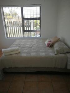 una cama en una habitación con una ventana grande en Amery Villa, en Gqeberha