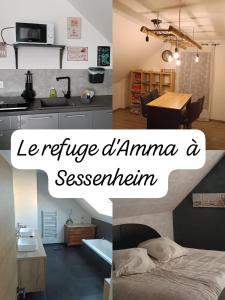 eine Collage mit Fotos von einer Küche und einem Wohnzimmer in der Unterkunft Le refuge d'Amma in Sessenheim