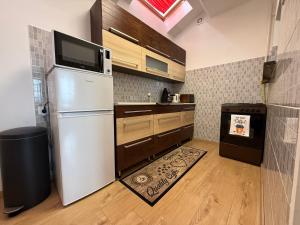 a kitchen with a white refrigerator with a microwave at CENTRUM Apartman in Sárospatak