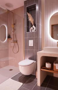 a bathroom with a white toilet and a shower at Lunéa - Suite Premium avec Spa et Sauna in Dompierre-sur-Besbre