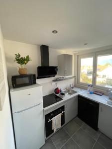 La cuisine est équipée d'un réfrigérateur blanc et d'un four micro-ondes. dans l'établissement Famille LATT, à Ouges