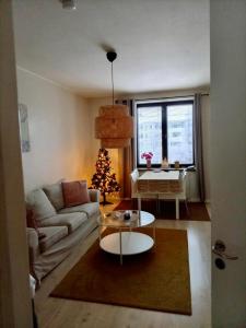- un salon avec un canapé et un arbre de Noël dans l'établissement Kemi city center 2 room and kitchen FREE PRIVATE PARKING, à Kemi