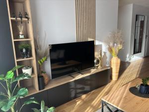a living room with a television on a wooden shelf at Classic&Modern Suite in Kętrzyn