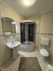 ein Badezimmer mit Toilette, Waschbecken und Dusche in der Unterkunft Pensiunea Turistică Octavian in Moroeni