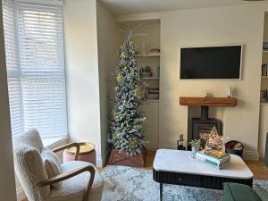 a living room with a christmas tree and a fireplace at Hovera Cottage in Windermere