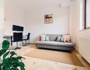 a living room with a couch and a desk at Vila LINA in Braşov