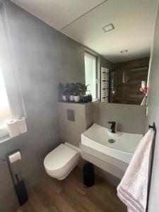 a bathroom with a white toilet and a sink at Domki przy szlaku Szczebel in Lubień