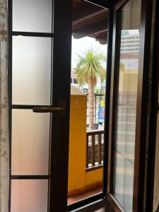 una puerta que da a un balcón con una palmera en Beachside Studio Apartment with AC, en Costa de Adeje