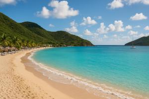 une plage avec des palmiers et l'océan dans l'établissement Kalista - Studio Luxueux - Anse Marcel, à Saint-Martin