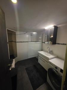 a bathroom with a sink and a toilet and a mirror at Urban Oasis - BIG stylish Apartment in Schiedam
