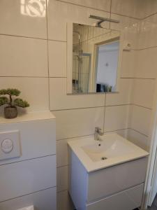 Ένα μπάνιο στο Wunderschoenes-freistehendes-Ferienhaus-an-der-See-Sauna-Strand-Yachthafen-WLAN