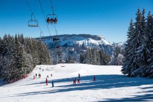 eine Gruppe von Personen an einer Skipiste mit Skilift in der Unterkunft Cozy apartment "WAPITI" at the foot of the slopes in Les Déserts