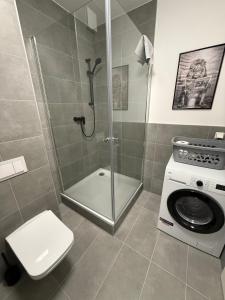 La salle de bains est pourvue d'une douche, de toilettes et d'un lave-linge. dans l'établissement Modernes Apartment mit Parkplatz und 24h Check-in, à Niederdorla 7 autres photos