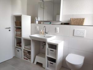 een witte badkamer met een wastafel en een toilet bij NaturZeit in Brunkensen in Brunkensen