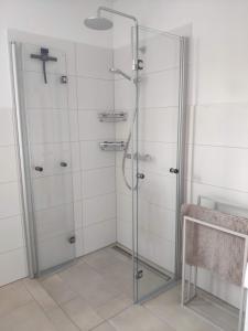 een douche met een glazen deur in een badkamer bij NaturZeit in Brunkensen in Brunkensen