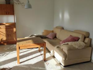 een woonkamer met een bank en een tafel bij NaturZeit in Brunkensen in Brunkensen