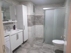 a bathroom with a shower and a toilet and a sink at ziraat in Soma