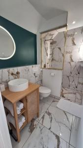 Un baño con inodoro, lavabo y espejo. en La Maison Des Pins, en Le Mans