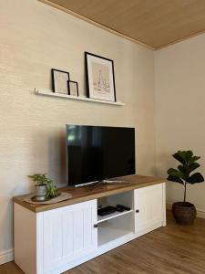 un soggiorno con una TV a schermo piatto su un mobile di Rottal-AlpakaLodge Zeit zu Zweit im Grünen a Abtsgmünd Altre 78 foto