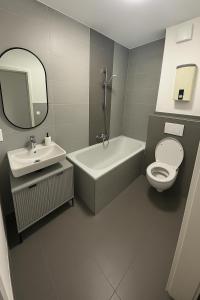 a bathroom with a sink and a toilet and a mirror at Apartment Lori in Mönchengladbach +28 photos