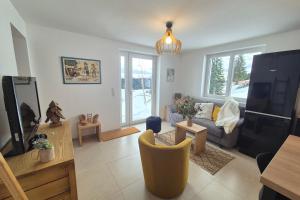 ein Wohnzimmer mit Sofa und Fernseher in der Unterkunft Magnifique appartement vue mont blanc in Les Déserts