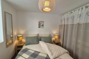 ein Schlafzimmer mit einem Bett mit zwei Lampen und einem Spiegel in der Unterkunft Magnifique appartement vue mont blanc in Les Déserts + 25 Fotos