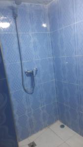 a bathroom with a shower with blue tiles at sweet area in Mirleft +4 photos