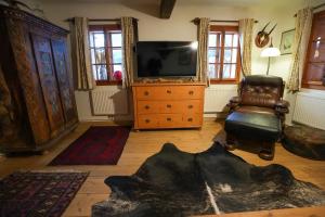 a living room with a tv and a chair at Haus Hainschneider - Zentrum Tauplitz - by myNests in Tauplitz