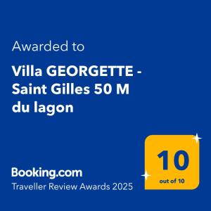 un letrero amarillo con el texto otorgado a Villa gegebrate saint gilles en Villa GEORGETTE - Saint Gilles 50 M du lagon, en Saint-Paul