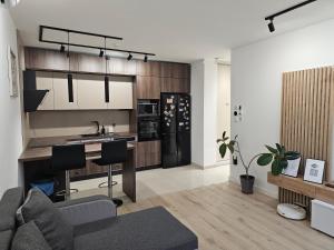a kitchen and living room with a couch and a table at Szilvási's Smart Apartman in Eger