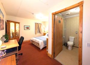 ein Hotelzimmer mit einem Bett und einem Badezimmer in der Unterkunft Hollybank - ensuite room & use of large shared kitchen in Dumfries