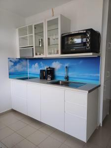 una cocina con fregadero y microondas en Apartment 7M, Lagada Resort, en Makrí Gialós