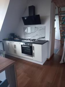 eine weiße Küche mit einem Herd mit Backofen in der Unterkunft la clef des champs in Audinghen