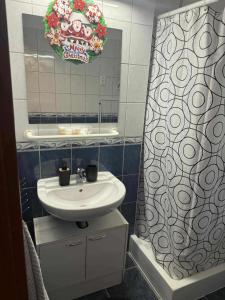 a bathroom with a sink and a mirror at Elíxir Apartman Hajdúszoboszló in Hajdúszoboszló