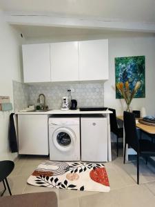 a kitchen with a washing machine and a table at Maison Marseille Jacuzzi, jardin, parking in Marseille +5 photos