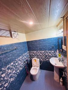 a bathroom with a toilet and a sink at The Cedar Nook Tree House in Jibhi