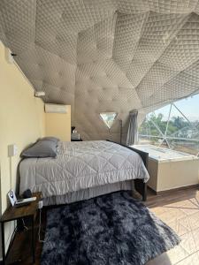 a bedroom with a bed and a large window at Luahara Glamping Domo Experience La Primavera - Presa de las Tortugas in Orendain