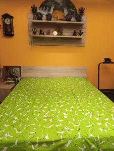 ein Schlafzimmer mit einem Bett mit einer grünen Decke in der Unterkunft Dahai Ferienwohnung Seebad Warnemünde Schulstraße 1, OG in Rostock