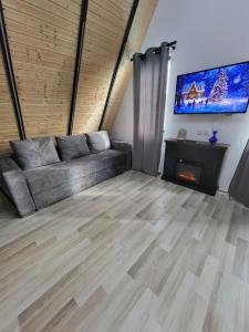 a living room with a couch and a fireplace at All4you Chalet Călimănești in Jiblea Veche
