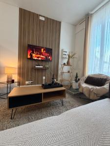 un salon avec une table basse et un canapé dans l'établissement Le clair de lune, à Saint-Amand-les-Eaux