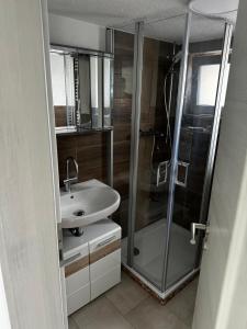 a bathroom with a glass shower and a sink at Zum Herold in Thale