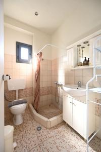 Un baño con ducha, inodoro y lavabo. en Νηρηίδες so blue, en Arkitsa