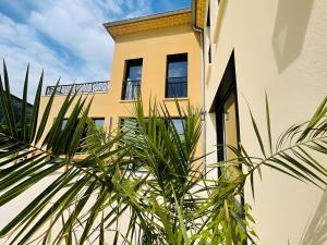 巴拉聚克Villa Balazuc的一座建筑的前面有窗户和棕榈树