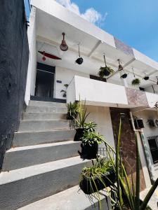 a white house with stairs and potted plants at Chaves Maguari Locação por Temporada- Ananindeua in Ananindeua