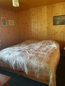 Un dormitorio con una cama en una pared de madera. en Chalet le Moulin - calme, nature, cheminée, vue, en Liddes