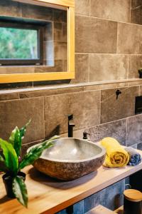 lavabo en el baño con un gran tazón de piedra en Modřínka 89, en Chlum u Třeboně