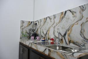 a kitchen with a sink and a marble wall at Sky Vista by Jonathan's way in Negombo +11 photos